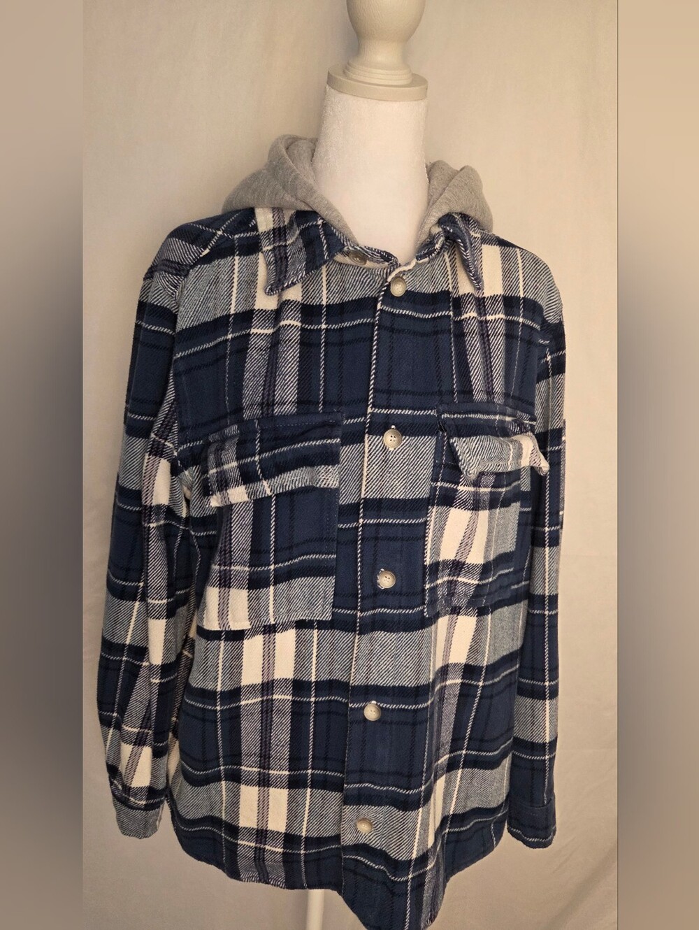 Unisex Blue Plaid Hooded Flannel Shirt Jacket